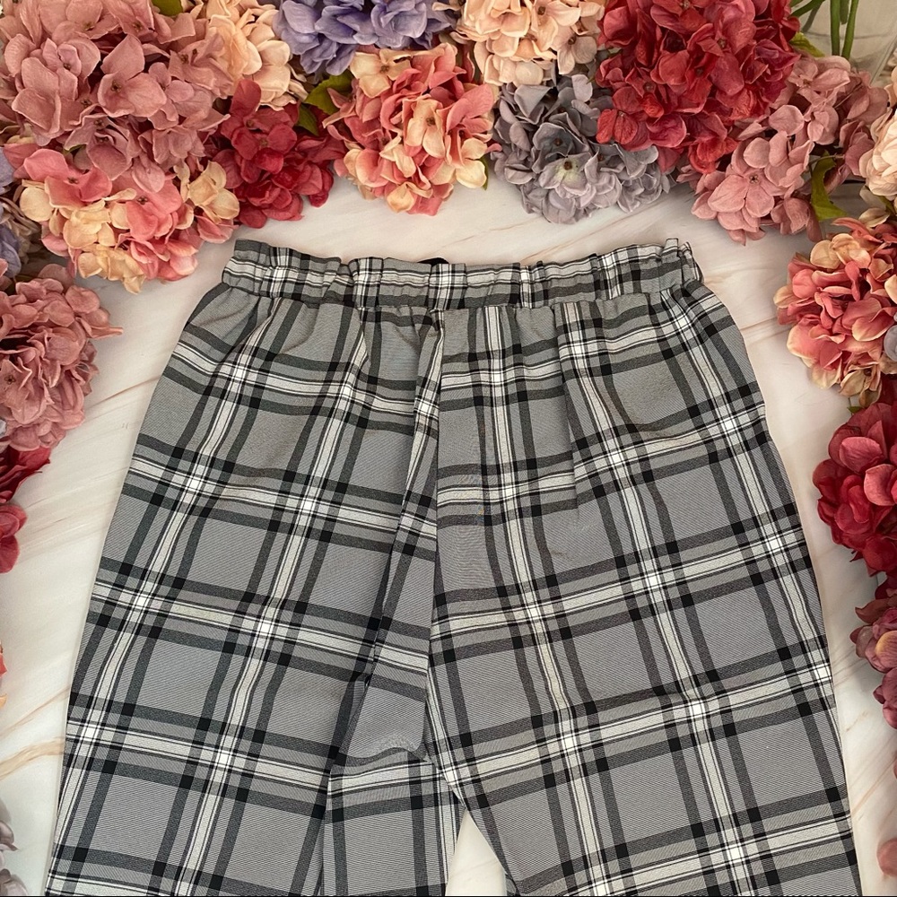 Black Gray and White Plaid Slim Fit Drawstring Trousers - Picture 12 of 16